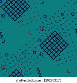 Retro Memphis Texture. Seamless Background for Wallpaper, Fabric, Swimwear in Trendy Style. Colorful Geometric Pattern with Hand Drawn Scribble Elements. Colorful Triangles, Rings, Zigzags and Dots.