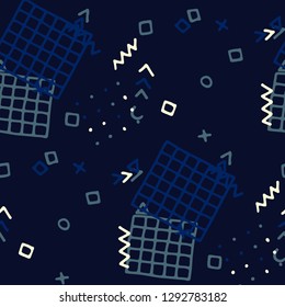 Retro Memphis Texture. Seamless Background for Wallpaper, Fabric, Swimwear in Trendy Style. Bright Geometric Pattern with Hand Drawn Scribble Elements. Colorful Triangles, Rings, Zigzags and Dots.