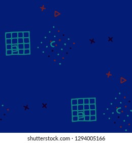 Retro Memphis Texture. Seamless Background for Wallpaper, Calico, Fabric in Trendy Style. Bright Geometric Pattern with Hand Drawn Scribble Elements. Colorful Triangles, Rings, Zigzags and Dots.