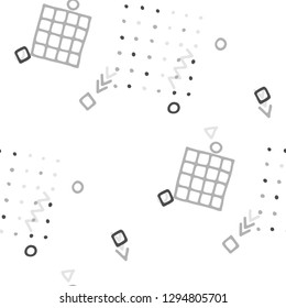 Retro Memphis Texture. Seamless Background for Banner, Poster, Cloth in Trendy Style. Bright Geometric Pattern with Hand Drawn Scribble Elements. Colorful Triangles, Rings, Zigzags and Dots.
