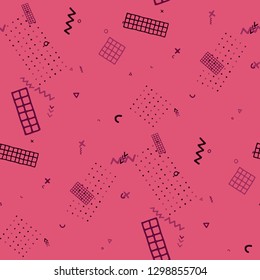 Retro Memphis Texture. Seamless Background for Banner, Poster, Cover in Trendy Style. Bright Geometric Pattern with Hand Drawn Scribble Elements. Colorful Triangles, Rings, Zigzags and Dots.