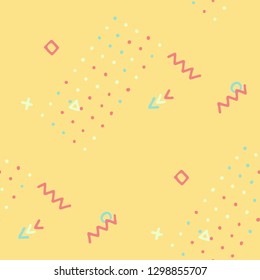 Retro Memphis Texture. Seamless Background for Banner, Fabric, Cloth in Trendy Style. Colorful Geometric Pattern with Hand Drawn Scribble Elements. Colorful Triangles, Rings, Zigzags and Dots.