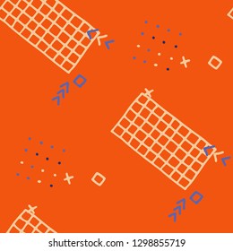 Retro Memphis Texture. Seamless Background for Wallpaper, Fabric, Swimwear in Trendy Style. Colorful Geometric Pattern with Hand Drawn Scribble Elements. Colorful Triangles, Rings, Zigzags and Dots.