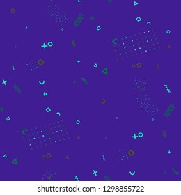 Retro Memphis Texture. Seamless Background for Card, Banner, Cover in Trendy Style. Bright Geometric Pattern with Hand Drawn Scribble Elements. Colorful Triangles, Rings, Zigzags and Dots.