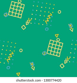 Retro Memphis Texture. Seamless Background for Wallpaper, Calico, Textile in Trendy Style. Colorful Geometric Pattern with Hand Drawn Scribble Elements. Colorful Triangles, Rings, Zigzags and Dots.