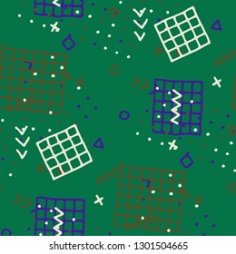 Retro Memphis Texture. Seamless Background for Chintz, Cotton, Swimwear in Trendy Style. Colorful Geometric Pattern with Hand Drawn Scribble Elements. Colorful Triangles, Rings, Zigzags and Dots.