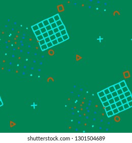 Retro Memphis Texture. Seamless Background for Wallpaper, Fabric, Swimwear in Trendy Style. Colorful Geometric Pattern with Hand Drawn Scribble Elements. Colorful Triangles, Rings, Zigzags and Dots.