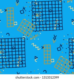 Retro Memphis Texture. Seamless Background for Banner, Fabric, Cloth in Trendy Style. Colorful Geometric Pattern with Hand Drawn Scribble Elements. Colorful Triangles, Rings, Zigzags and Dots.
