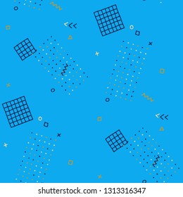 Retro Memphis Texture. Seamless Background for Card, Banner, Cover in Trendy Style. Colorful Geometric Pattern with Hand Drawn Scribble Elements. Colorful Triangles, Rings, Zigzags and Dots.