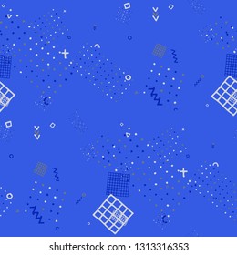 Retro Memphis Texture. Seamless Background for Banner, Fabric, Cloth in Trendy Style. Colorful Geometric Pattern with Hand Drawn Scribble Elements. Colorful Triangles, Rings, Zigzags and Dots.