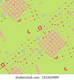 Retro Memphis Texture. Seamless Background for Wallpaper, Fabric, Cloth in Trendy Style. Bright Geometric Pattern with Hand Drawn Scribble Elements. Colorful Triangles, Rings, Zigzags and Dots.