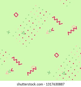 Retro Memphis Texture. Seamless Background for Chintz, Cotton, Swimwear in Trendy Style. Bright Geometric Pattern with Hand Drawn Scribble Elements. Colorful Triangles, Rings, Zigzags and Dots.