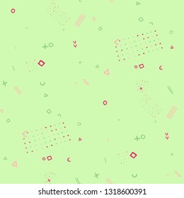 Retro Memphis Texture. Seamless Background for Banner, Fabric, Cloth in Trendy Style. Bright Geometric Pattern with Hand Drawn Scribble Elements. Colorful Triangles, Rings, Zigzags and Dots.