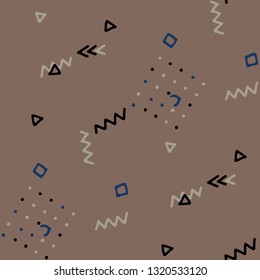 Retro Memphis Texture. Seamless Background for Card, Print, Textile in Trendy Style. Bright Geometric Pattern with Hand Drawn Scribble Elements. Colorful Triangles, Rings, Zigzags and Dots.