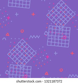 Retro Memphis Texture. Seamless Background for Chintz, Calico, Fabric in Trendy Style. Colorful Geometric Pattern with Hand Drawn Scribble Elements. Colorful Triangles, Rings, Zigzags and Dots.