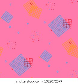 Retro Memphis Texture. Seamless Background for Card, Print, Textile in Trendy Style. Colorful Geometric Pattern with Hand Drawn Scribble Elements. Colorful Triangles, Rings, Zigzags and Dots.