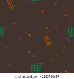 Retro Memphis Texture. Seamless Background for Banner, Poster, Cloth in Trendy Style. Colorful Geometric Pattern with Hand Drawn Scribble Elements. Colorful Triangles, Rings, Zigzags and Dots.