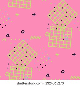 Retro Memphis Texture. Seamless Background for Wallpaper, Fabric, Cloth in Trendy Style. Colorful Geometric Pattern with Hand Drawn Scribble Elements. Colorful Triangles, Rings, Zigzags and Dots.