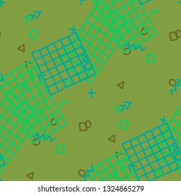 Retro Memphis Texture. Seamless Background for Chintz, Cotton, Swimwear in Trendy Style. Bright Geometric Pattern with Hand Drawn Scribble Elements. Colorful Triangles, Rings, Zigzags and Dots.