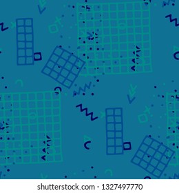 Retro Memphis Texture. Seamless Background for Banner, Poster, Cloth in Trendy Style. Bright Geometric Pattern with Hand Drawn Scribble Elements. Colorful Triangles, Rings, Zigzags and Dots.