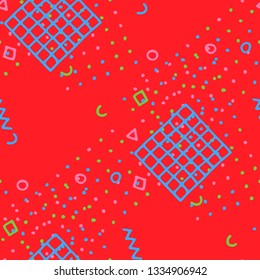 Retro Memphis Texture. Seamless Background for Chintz, Cotton, Swimwear in Trendy Style. Colorful Geometric Pattern with Hand Drawn Scribble Elements. Colorful Triangles, Rings, Zigzags and Dots.