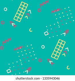 Retro Memphis Texture. Seamless Background for Wallpaper, Print, Textile in Trendy Style. Colorful Geometric Pattern with Hand Drawn Scribble Elements. Colorful Triangles, Rings, Zigzags and Dots.