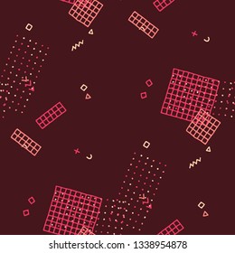 Retro Memphis Texture. Seamless Background for Wallpaper, Fabric, Swimwear in Trendy Style. Bright Geometric Pattern with Hand Drawn Scribble Elements. Colorful Triangles, Rings, Zigzags and Dots.