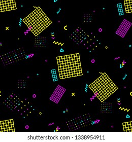 Retro Memphis Texture. Seamless Background for Chintz, Cotton, Swimwear in Trendy Style. Colorful Geometric Pattern with Hand Drawn Scribble Elements. Colorful Trdiangles, Rings, Zigzags and Dots.