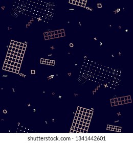Retro Memphis Texture. Seamless Background for Chintz, Calico, Fabric in Trendy Style. Bright Geometric Pattern with Hand Drawn Scribble Elements. Colorful Triangles, Rings, Zigzags and Dots.