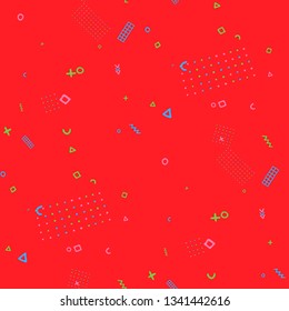 Retro Memphis Texture. Seamless Background for Wallpaper, Cotton, Swimwear in Trendy Style. Bright Geometric Pattern with Hand Drawn Scribble Elements. Colorful Triangles, Rings, Zigzags and Dots.