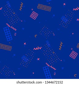 Retro Memphis Texture. Seamless Background for Wallpaper, Print, Textile in Trendy Style. Colorful Geometric Pattern with Hand Drawn Scribble Elements. Colorful Triangles, Rings, Zigzags and Dots.