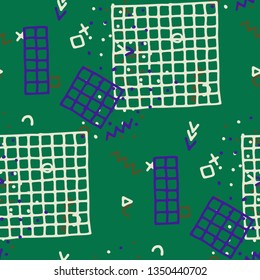 Retro Memphis Texture. Seamless Background for Wallpaper, Calico, Fabric in Trendy Style. Bright Geometric Pattern with Hand Drawn Scribble Elements. Colorful Triangles, Rings, Zigzags and Dots.