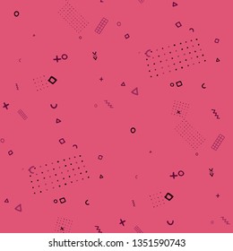 Retro Memphis Texture. Seamless Background for Wallpaper, Print, Textile in Trendy Style. Colorful Geometric Pattern with Hand Drawn Scribble Elements. Colorful Triangles, Rings, Zigzags and Dots.