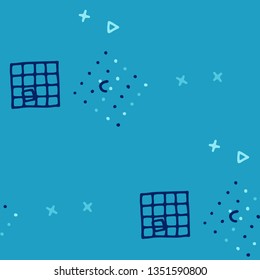 Retro Memphis Texture. Seamless Background for Chintz, Cotton, Fabric in Trendy Style. Colorful Geometric Pattern with Hand Drawn Scribble Elements. Colorful Triangles, Rings, Zigzags and Dots.