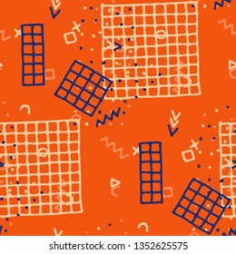 Retro Memphis Texture. Seamless Background for Card, Poster, Cover in Trendy Style. Colorful Geometric Pattern with Hand Drawn Scribble Elements. Colorful Triangles, Rings, Zigzags and Dots.
