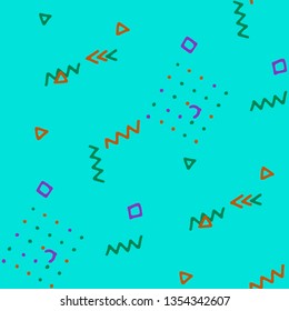 Retro Memphis Texture. Seamless Background for Wallpaper, Calico, Fabric in Trendy Style. Colorful Geometric Pattern with Hand Drawn Scribble Elements. Colorful Triangles, Rings, Zigzags and Dots.