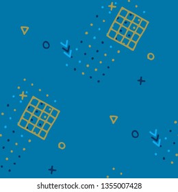 Retro Memphis Texture. Seamless Background for Card, Print, Textile in Trendy Style. Colorful Geometric Pattern with Hand Drawn Scribble Elements. Colorful Triangles, Rings, Zigzags and Dots.