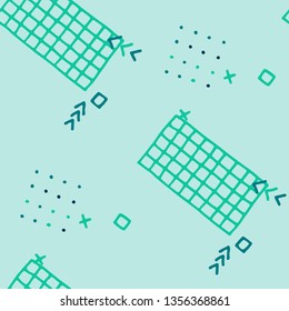 Retro Memphis Texture. Seamless Background for Banner, Fabric, Cloth in Trendy Style. Colorful Geometric Pattern with Hand Drawn Scribble Elements. Colorful Triangles, Rings, Zigzags and Dots.