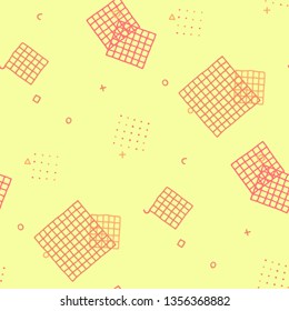 Retro Memphis Texture. Seamless Background for Chintz, Cotton, Swimwear in Trendy Style. Colorful Geometric Pattern with Hand Drawn Scribble Elements. Colorful Triangles, Rings, Zigzags and Dots.