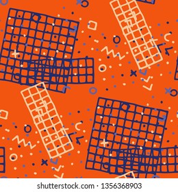 Retro Memphis Texture. Seamless Background for Wallpaper, Calico, Textile in Trendy Style. Bright Geometric Pattern with Hand Drawn Scribble Elements. Colorful Triangles, Rings, Zigzags and Dots.
