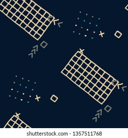 Retro Memphis Texture. Seamless Background for Wallpaper, Calico, Fabric in Trendy Style. Colorful Geometric Pattern with Hand Drawn Scribble Elements. Colorful Triangles, Rings, Zigzags and Dots.