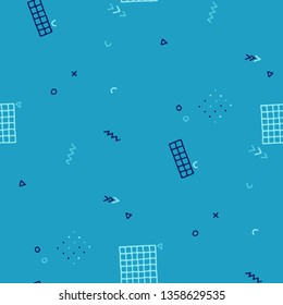 Retro Memphis Texture. Seamless Background for Wallpaper, Fabric, Swimwear in Trendy Style. Bright Geometric Pattern with Hand Drawn Scribble Elements. Colorful Triangles, Rings, Zigzags and Dots.