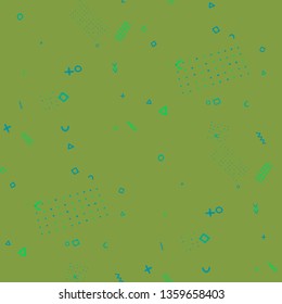 Retro Memphis Texture. Seamless Background for Wallpaper, Calico, Textile in Trendy Style. Bright Geometric Pattern with Hand Drawn Scribble Elements. Colorful Triangles, Rings, Zigzags and Dots.