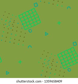 Retro Memphis Texture. Seamless Background for Banner, Fabric, Cloth in Trendy Style. Bright Geometric Pattern with Hand Drawn Scribble Elements. Colorful Triangles, Rings, Zigzags and Dots.