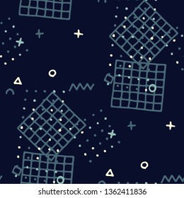 Retro Memphis Texture. Seamless Background for Chintz, Cotton, Swimwear in Trendy Style. Colorful Geometric Pattern with Hand Drawn Scribble Elements. Colorful Triangles, Rings, Zigzags and Dots.