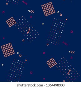 Retro Memphis Texture. Seamless Background for Banner, Fabric, Cloth in Trendy Style. Colorful Geometric Pattern with Hand Drawn Scribble Elements. Colorful Triangles, Rings, Zigzags and Dots.