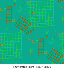 Retro Memphis Texture. Seamless Background for Banner, Poster, Cloth in Trendy Style. Bright Geometric Pattern with Hand Drawn Scribble Elements. Colorful Triangles, Rings, Zigzags and Dots.