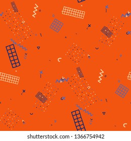 Retro Memphis Texture. Seamless Background for Wallpaper, Calico, Fabric in Trendy Style. Colorful Geometric Pattern with Hand Drawn Scribble Elements. Colorful Triangles, Rings, Zigzags and Dots.