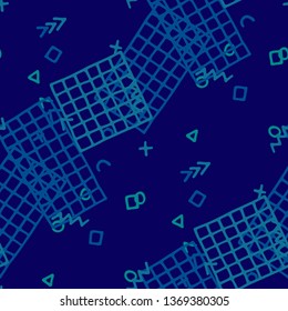 Retro Memphis Texture. Seamless Background for Wallpaper, Fabric, Swimwear in Trendy Style. Bright Geometric Pattern with Hand Drawn Scribble Elements. Colorful Triangles, Rings, Zigzags and Dots.