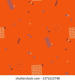 Retro Memphis Texture. Seamless Background for Banner, Poster, Cover in Trendy Style. Bright Geometric Pattern with Hand Drawn Scribble Elements. Colorful Triangles, Rings, Zigzags and Dots.
